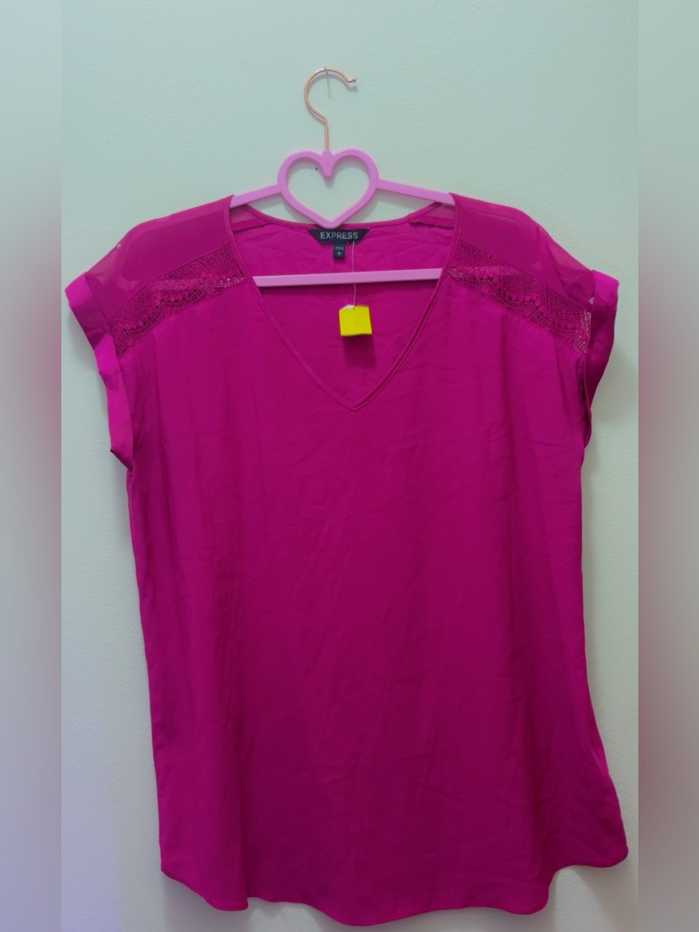 Express Women's Bright Fuchsia V-Neck Lace Shoulder Blouse